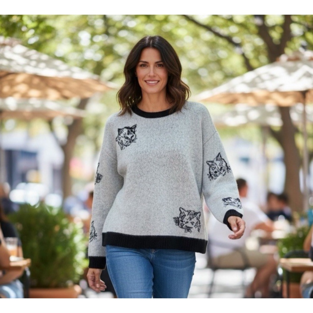 On 12th Women's‎ L Crewneck Cat Sweater Gray Black NWT